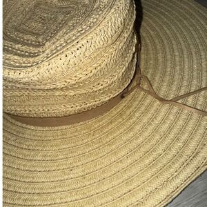 Lucky Brand Wide Brim Straw Sun Hat Tan Woven Paper Boater Beach Hat One Size